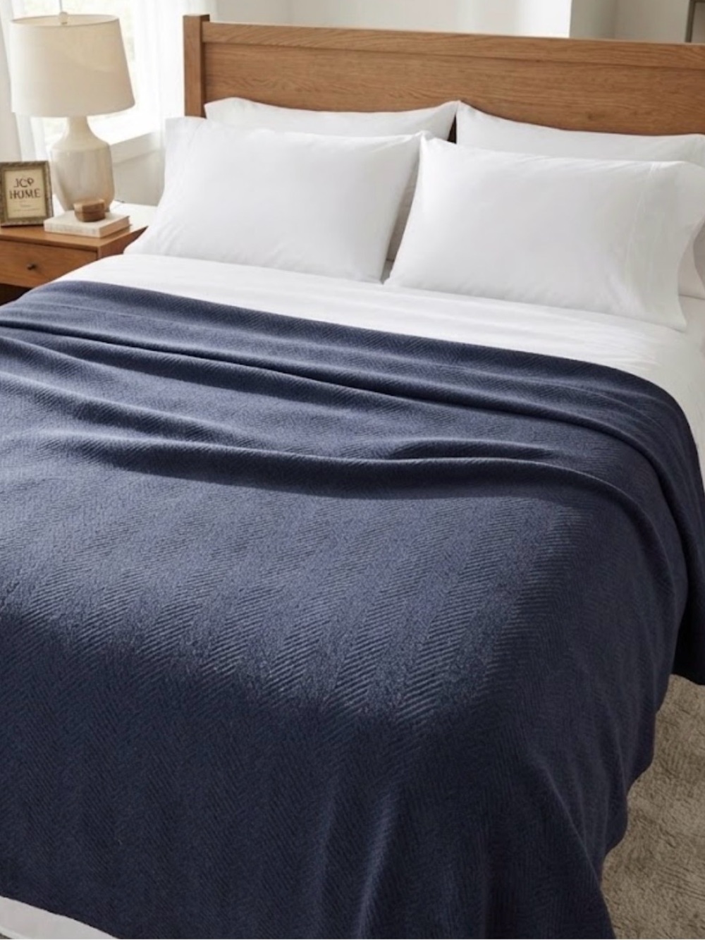 Vintage JCP HOME KING herringbone 100% Egyptian cotton large navy blue blanket